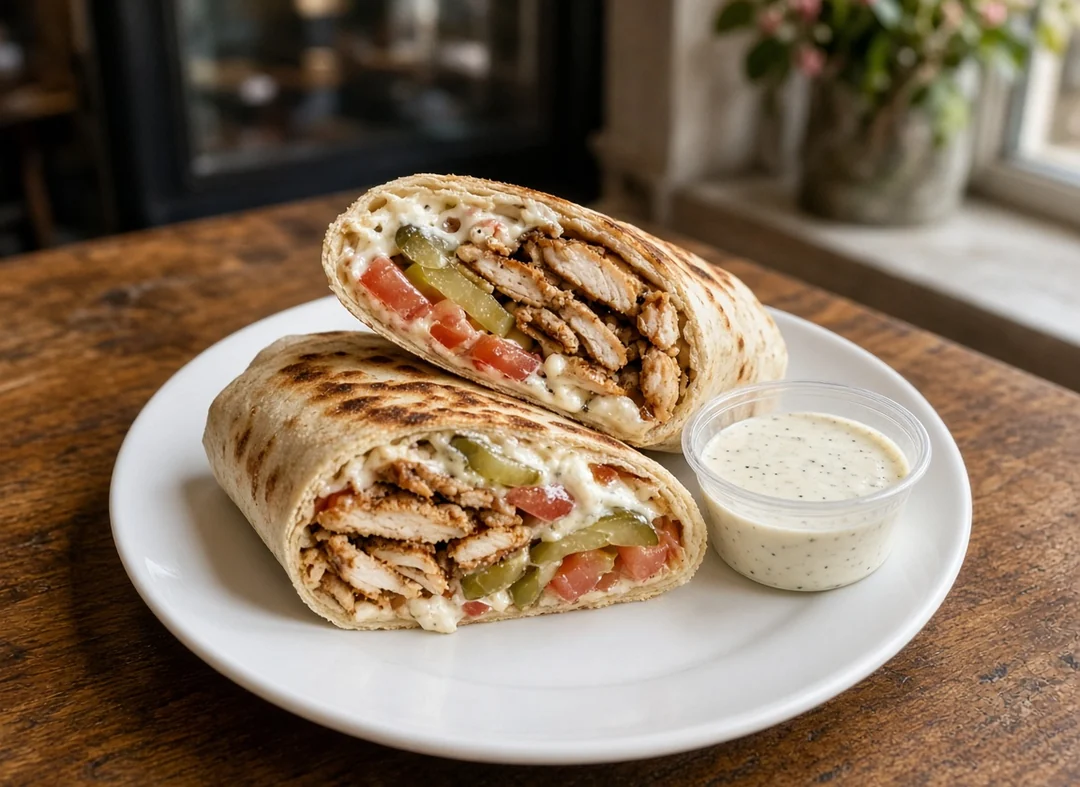 Chicken shawarma wrap cut in half with garlic sauce