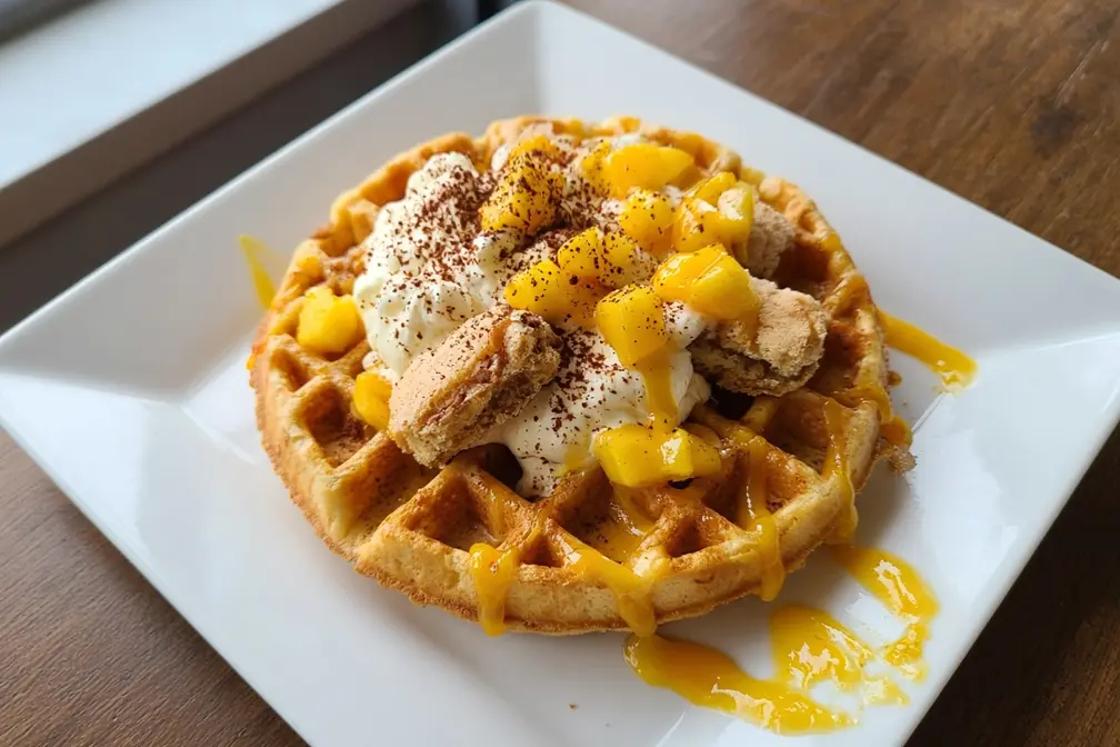 Mango tiramisu topped with fresh mango and mango sauce